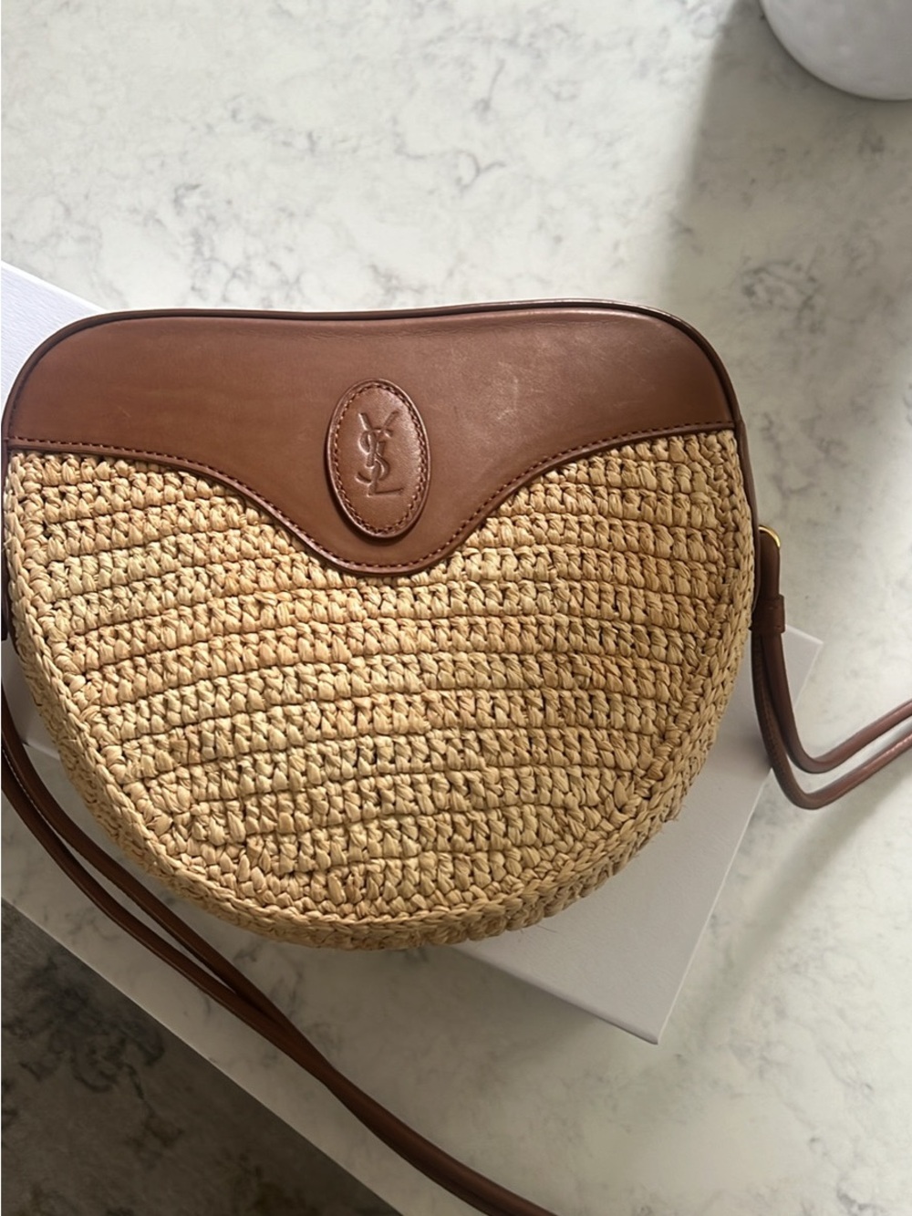 Saint Laurent Tan Leather and Natural Straw Crossbody Saddle Bag - Picture 4 of 4